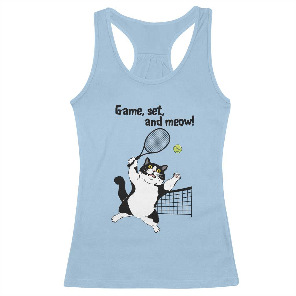 Funny Chubby Cat Tennis Racerback Tank Top Game Set And Meow TS12 Light Blue Print Your Wear