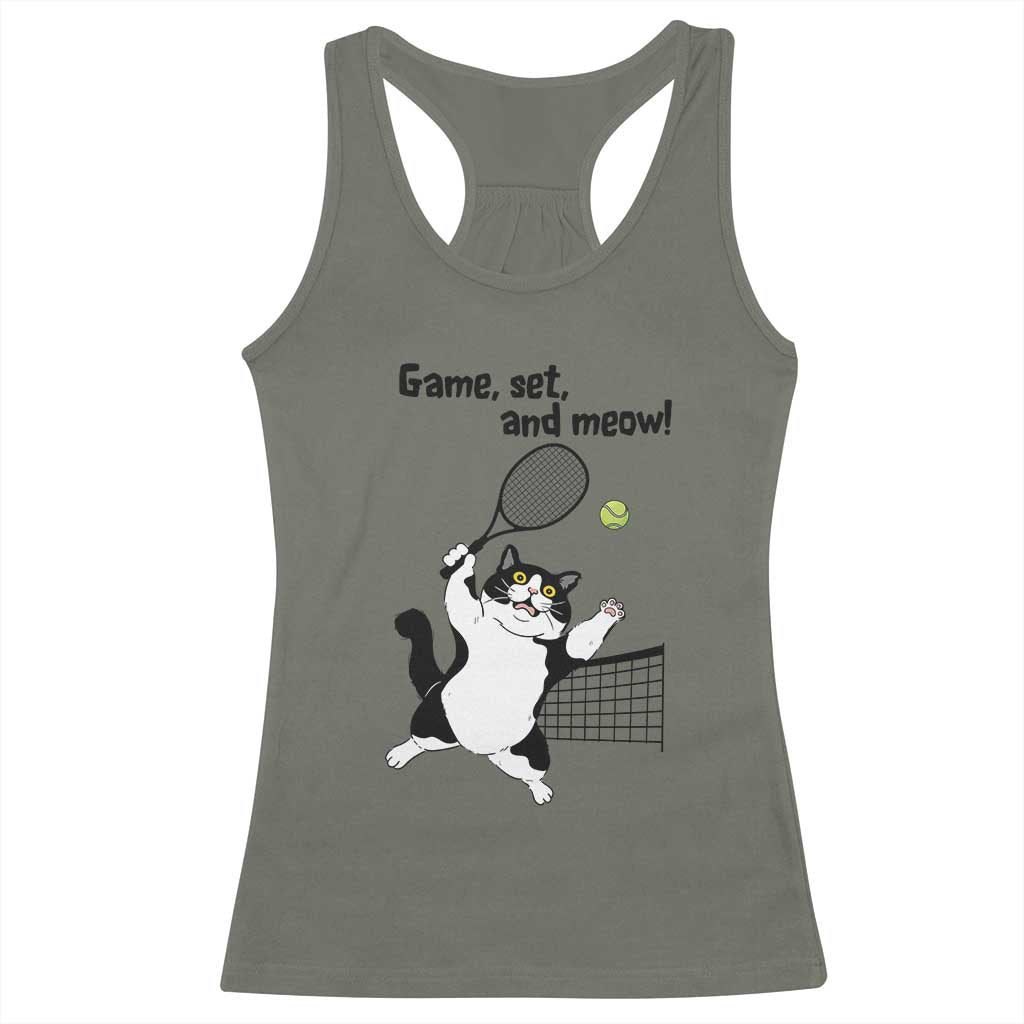 Funny Chubby Cat Tennis Racerback Tank Top Game Set And Meow TS12 Military Green Print Your Wear