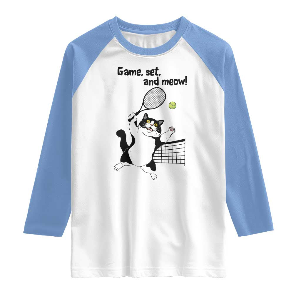 Funny Chubby Cat Tennis Raglan Shirt Game Set And Meow TS12 White Carolina Blue Print Your Wear