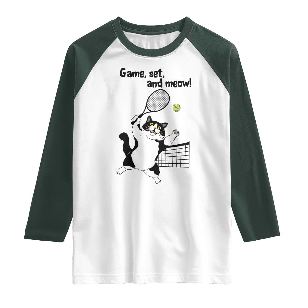 Funny Chubby Cat Tennis Raglan Shirt Game Set And Meow TS12 White Dark Forest Green Print Your Wear