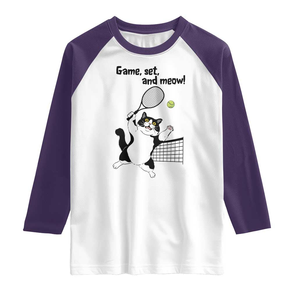 Funny Chubby Cat Tennis Raglan Shirt Game Set And Meow TS12 White Purple Print Your Wear