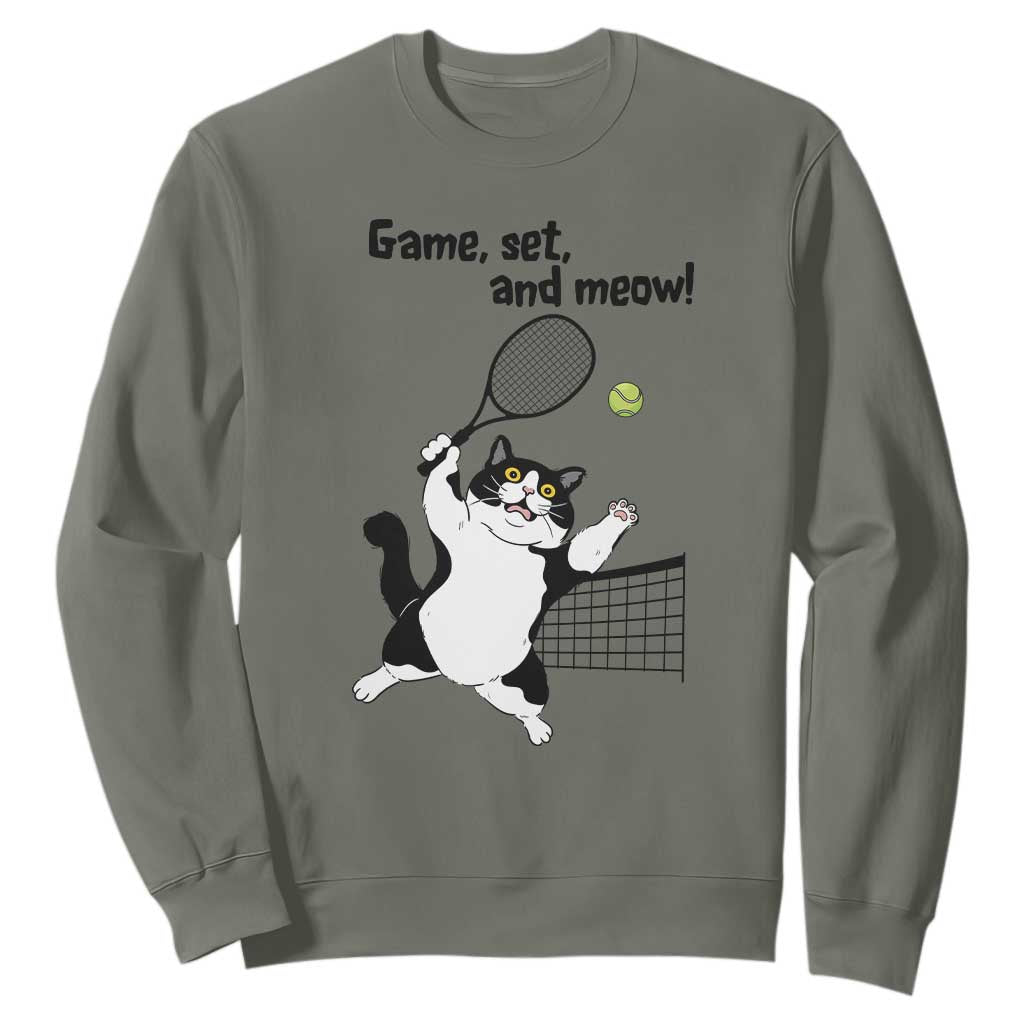 Funny Chubby Cat Tennis Sweatshirt Game Set And Meow TS12 Military Green Print Your Wear