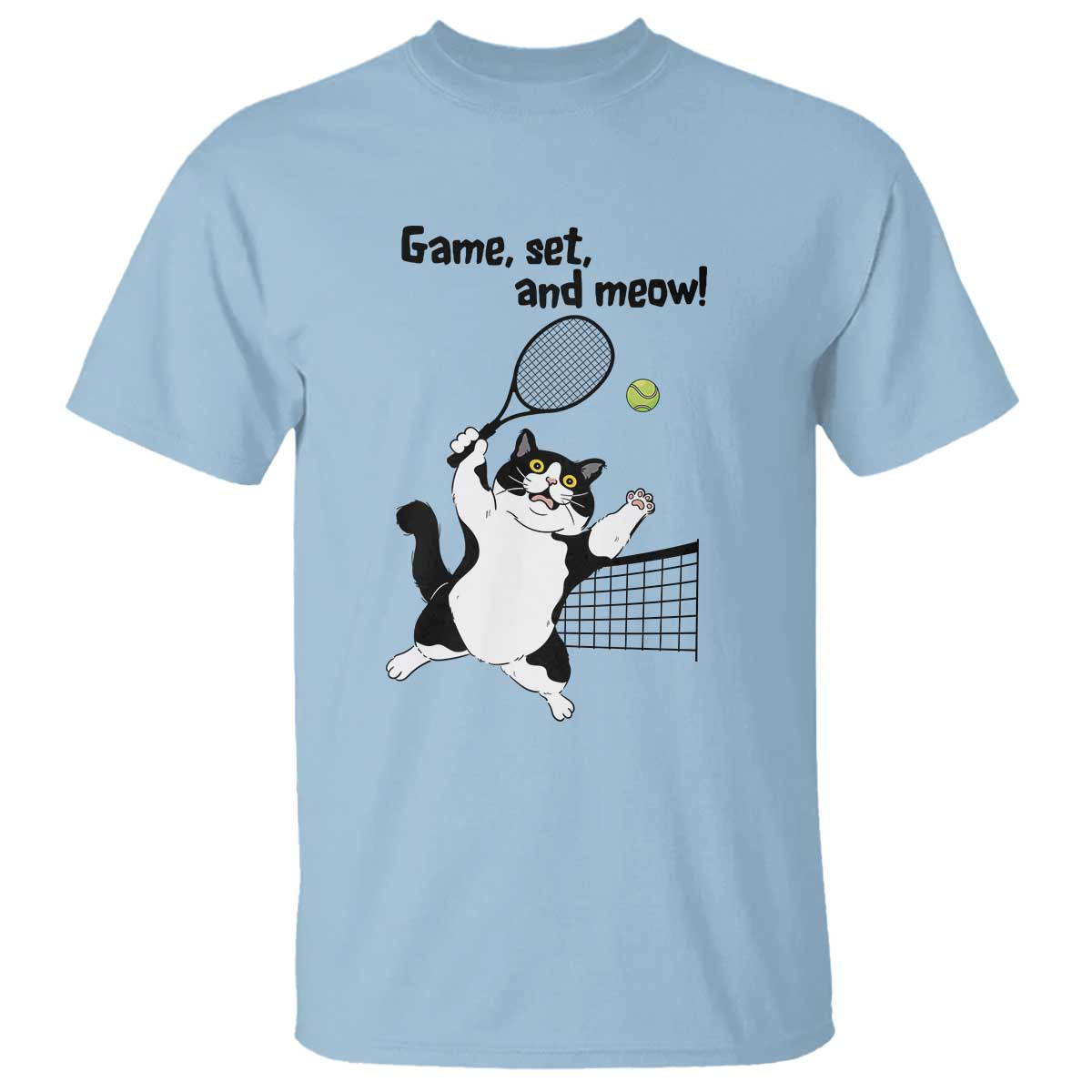 Funny Chubby Cat Tennis T Shirt Game Set And Meow TS12 Light Blue Print Your Wear