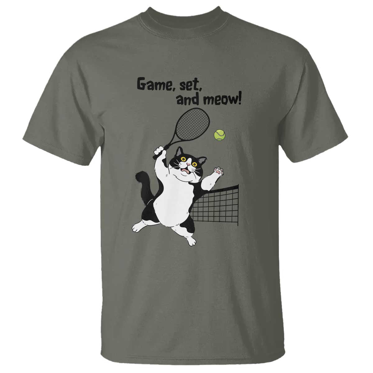 Funny Chubby Cat Tennis T Shirt Game Set And Meow TS12 Military Green Print Your Wear