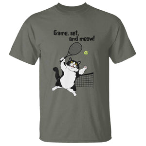 Funny Chubby Cat Tennis T Shirt Game Set And Meow TS12 Military Green Print Your Wear