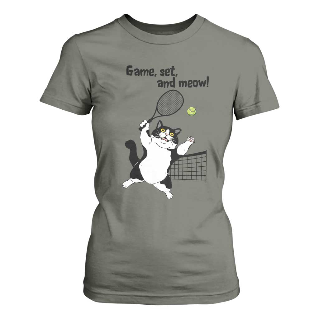 Funny Chubby Cat Tennis T Shirt For Women Game Set And Meow TS12 Military Green Print Your Wear