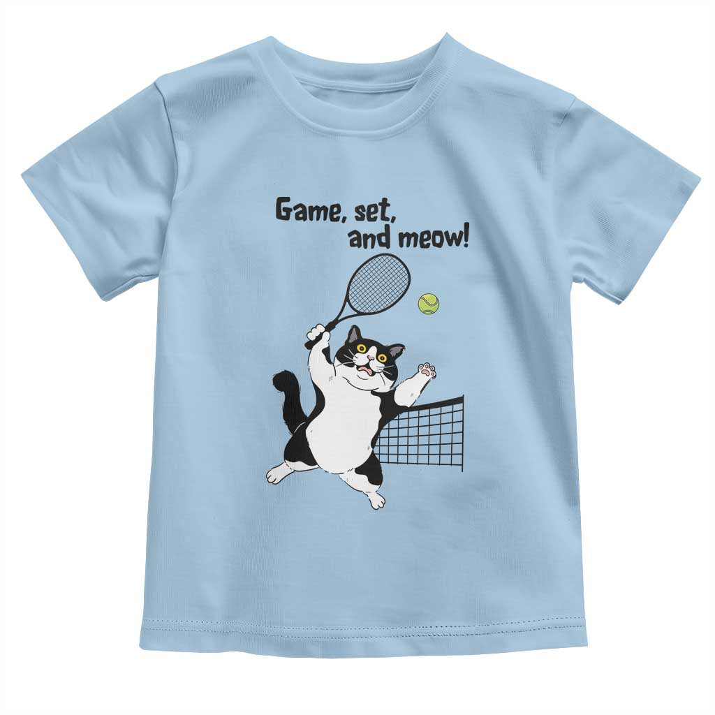 Funny Chubby Cat Tennis Toddler T Shirt Game Set And Meow TS12 Light Blue Print Your Wear