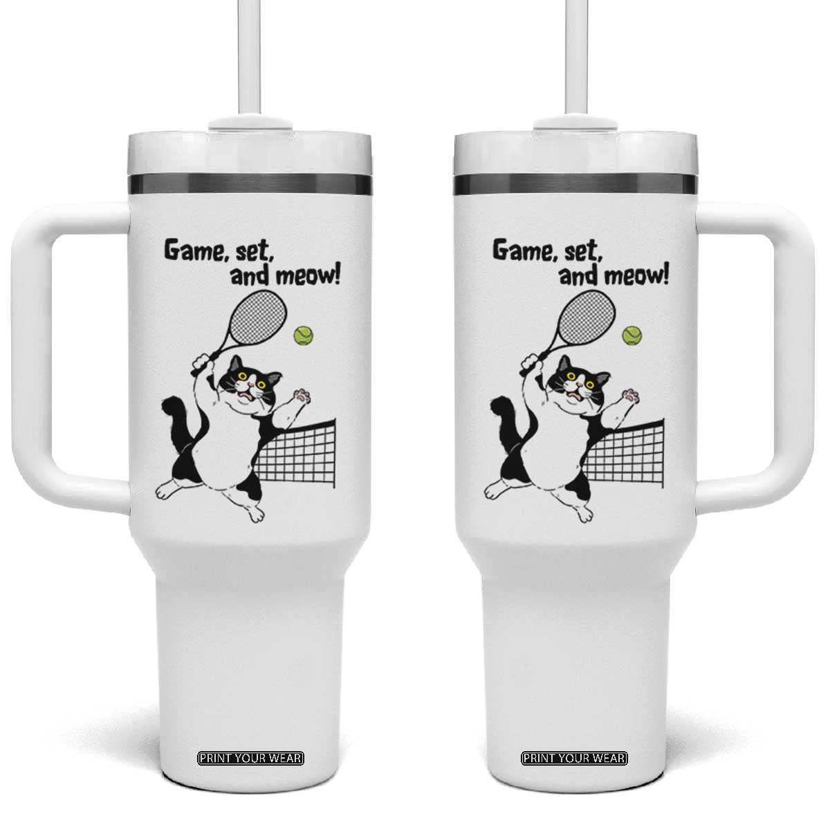 Funny Chubby Cat Tennis Tumbler With Handle Game Set And Meow TS12 One Size: 40 oz White Print Your Wear