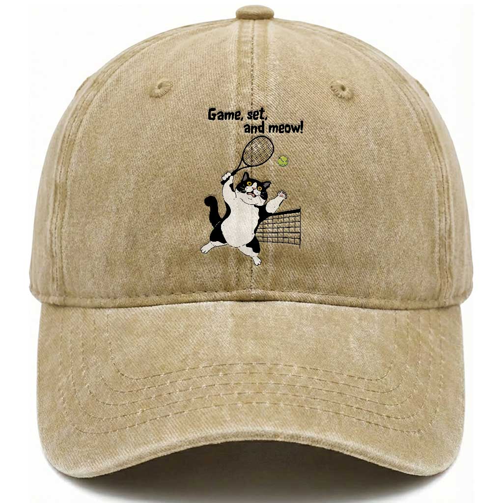 Funny Chubby Cat Tennis Washed Cotton Baseball Cap Game Set And Meow TS12 Print Your Wear