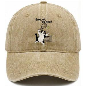 Funny Chubby Cat Tennis Washed Cotton Baseball Cap Game Set And Meow TS12 Print Your Wear