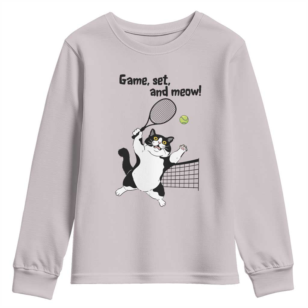 Funny Chubby Cat Tennis Youth Sweatshirt Game Set And Meow TS12 Ice Gray Print Your Wear