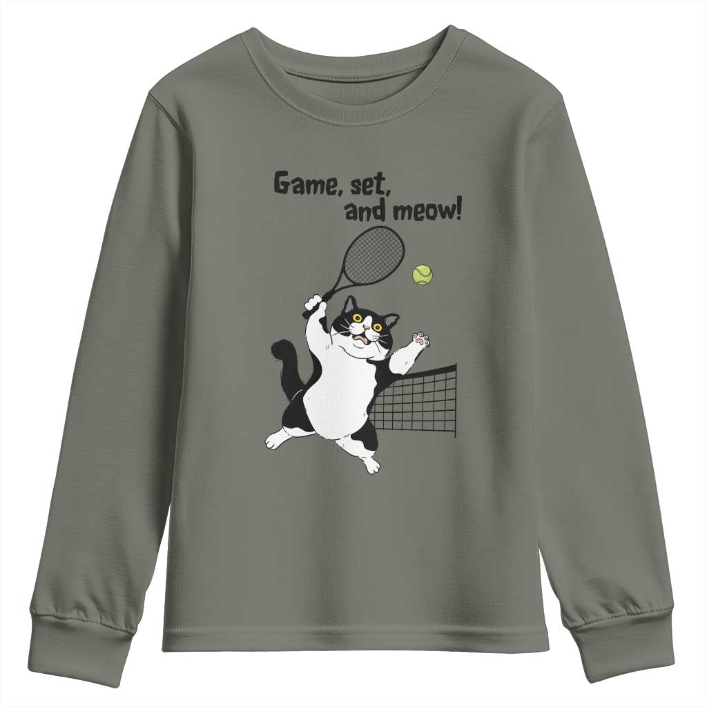 Funny Chubby Cat Tennis Youth Sweatshirt Game Set And Meow TS12 Military Green Print Your Wear