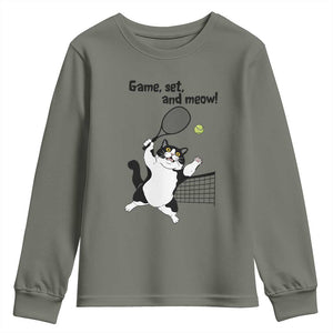 Funny Chubby Cat Tennis Youth Sweatshirt Game Set And Meow TS12 Military Green Print Your Wear