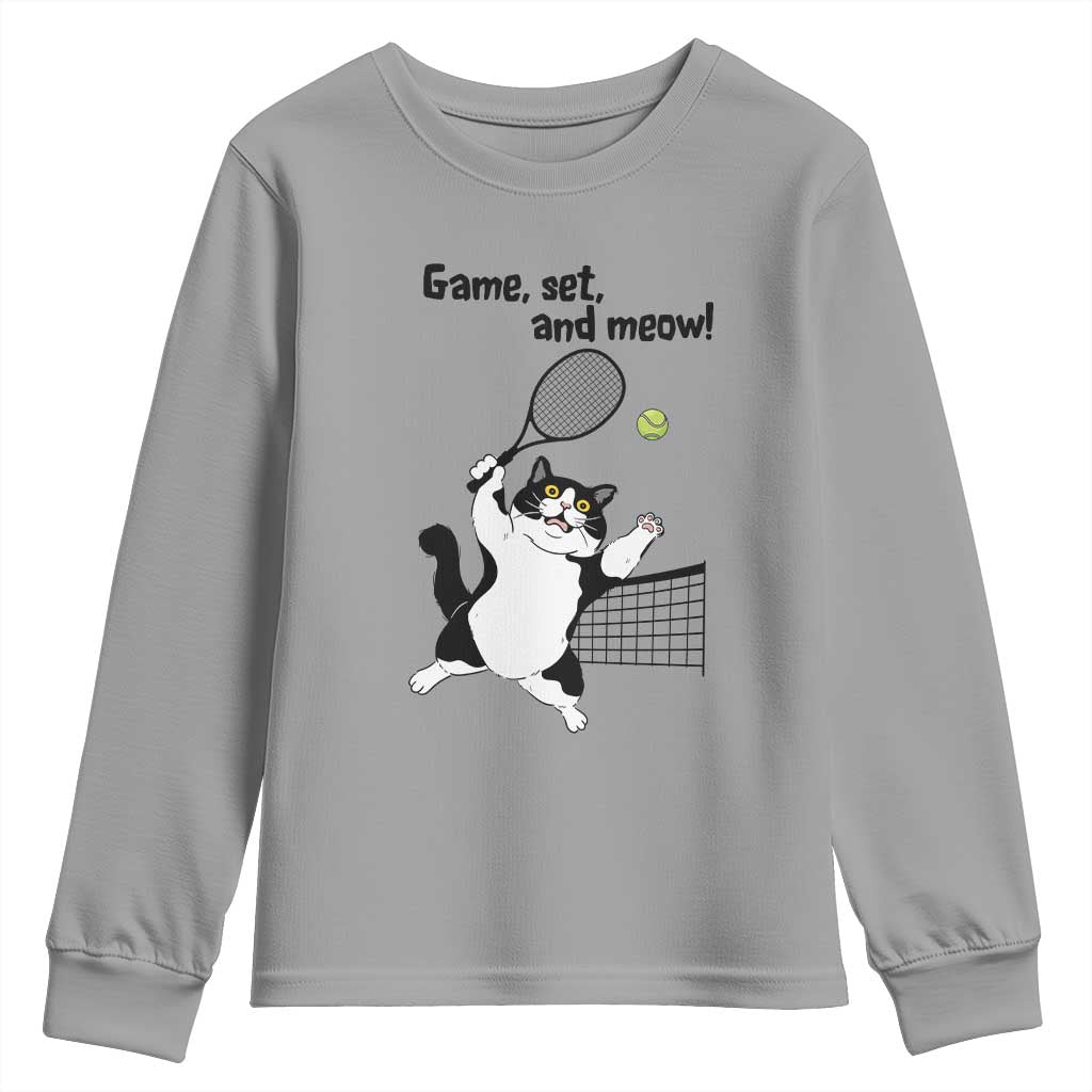 Funny Chubby Cat Tennis Youth Sweatshirt Game Set And Meow TS12 Sport Gray Print Your Wear