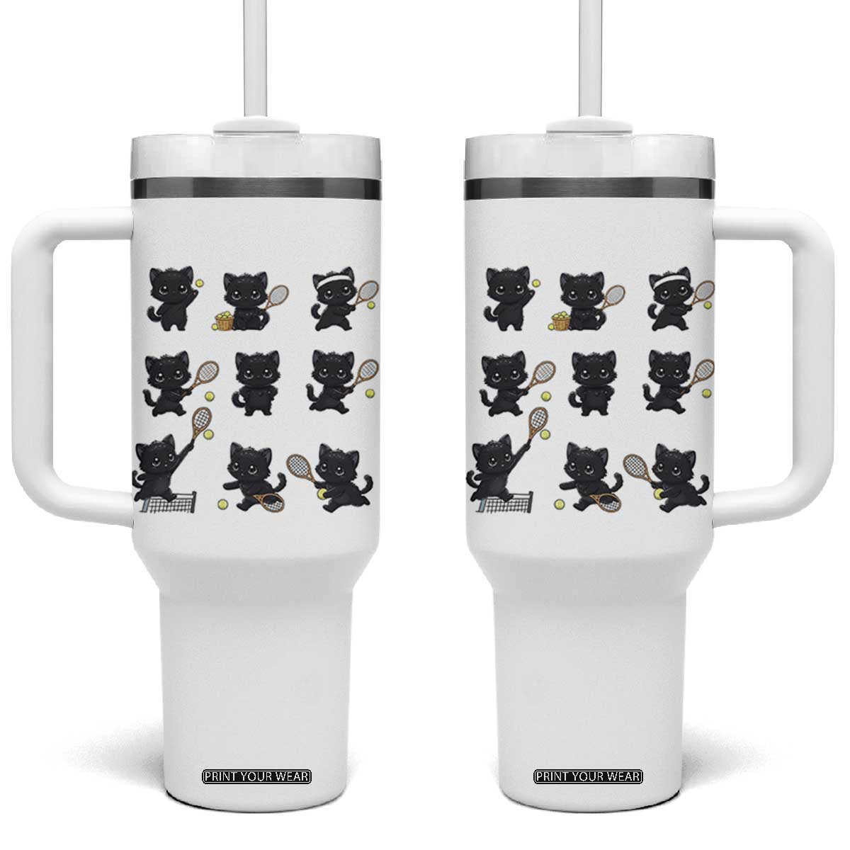 Funny Tennis Game Day Cat Tumbler With Handle Tennis Player Gift TS12 One Size: 40 oz White Print Your Wear