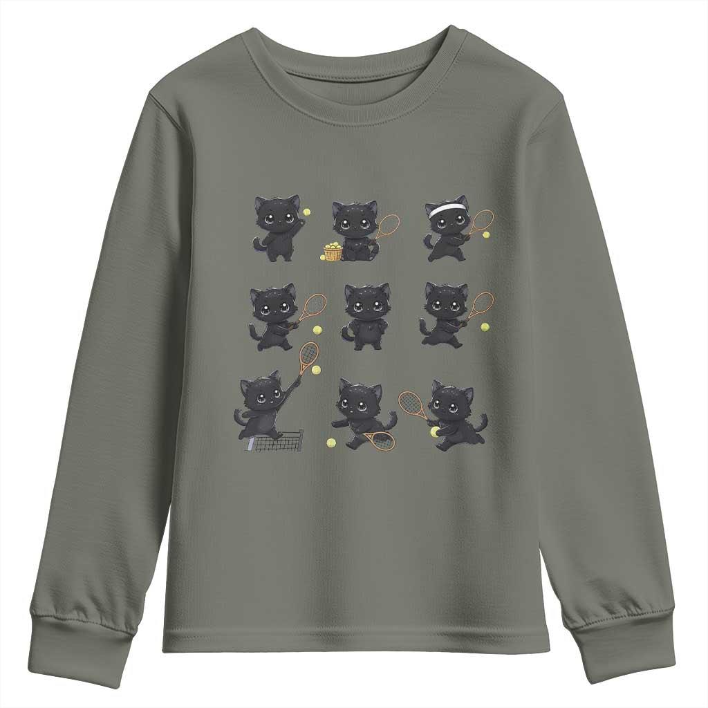 Funny Tennis Game Day Cat Youth Sweatshirt Tennis Player Gift TS12 Military Green Print Your Wear