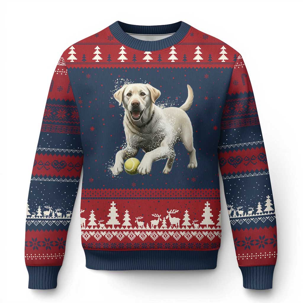 Cute Yellow Labrador Retriever With Tennis Ball Ugly Christmas Sweater TS12 Navy Red Print Your Wear