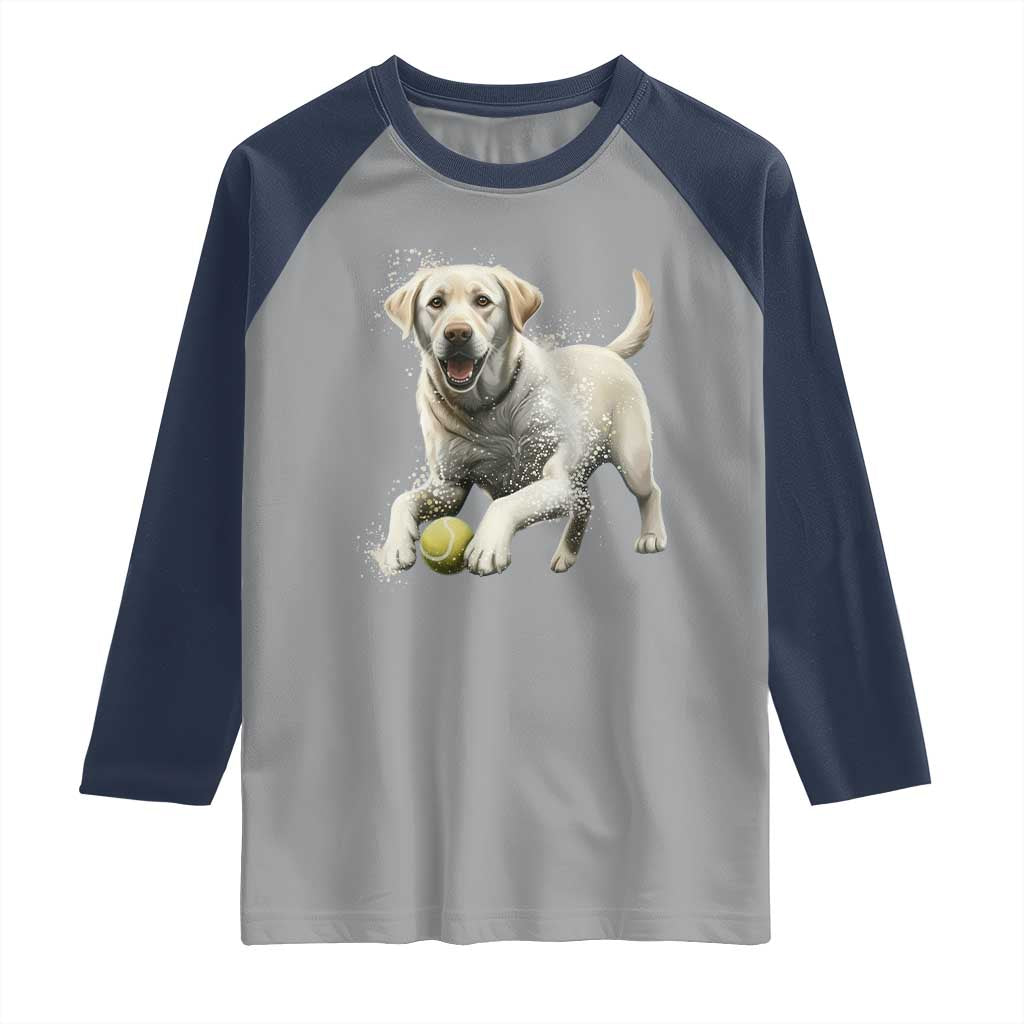 Cute Yellow Labrador Retriever With Tennis Ball Raglan Shirt TS12 Sport Gray Navy Print Your Wear
