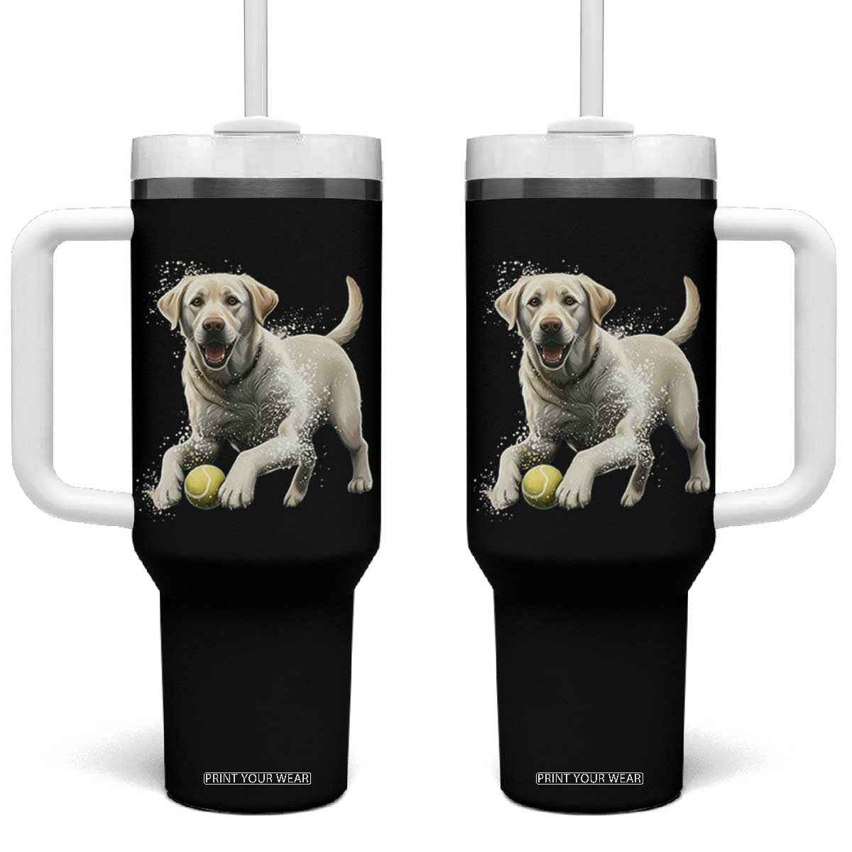 Cute Yellow Labrador Retriever With Tennis Ball Tumbler With Handle TS12 One Size: 40 oz Black Print Your Wear