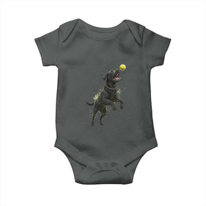 Playful Black Labrador Fetching Chasing Tennis Ball Baby Onesie TS12 Dark Heather Print Your Wear
