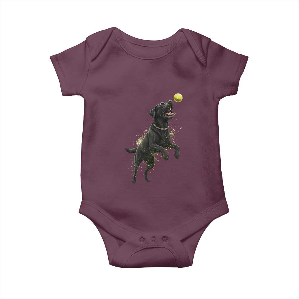 Playful Black Labrador Fetching Chasing Tennis Ball Baby Onesie TS12 Maroon Print Your Wear