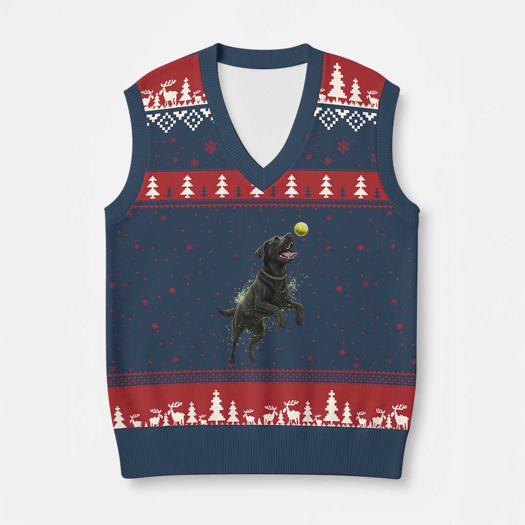 Playful Black Labrador Fetching Chasing Tennis Ball V-Neck Knit Sweater Vest TS12 Navy Red Print Your Wear