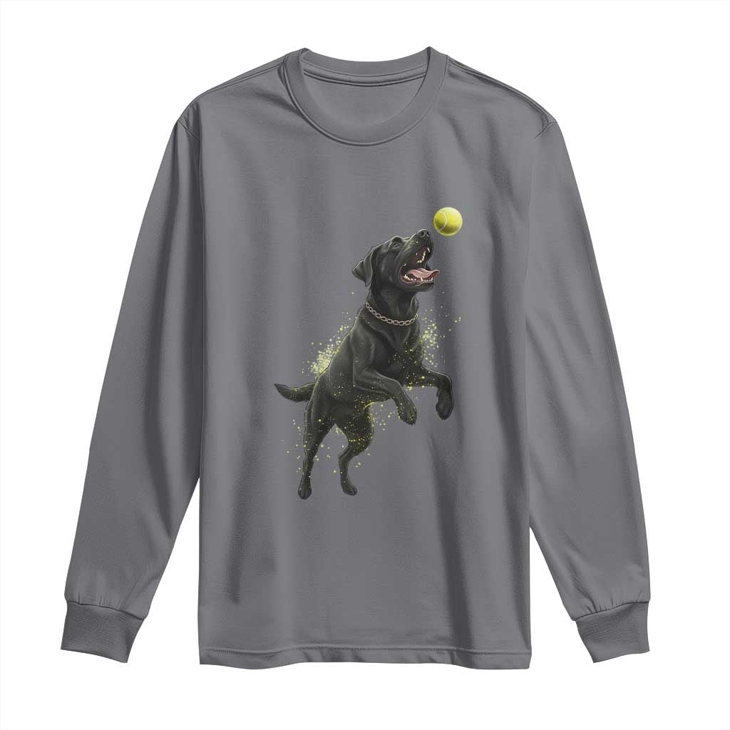 Playful Black Labrador Fetching Chasing Tennis Ball Long Sleeve Shirt TS12 Charcoal Print Your Wear