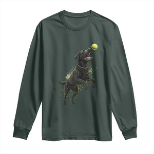 Playful Black Labrador Fetching Chasing Tennis Ball Long Sleeve Shirt TS12 Dark Forest Green Print Your Wear
