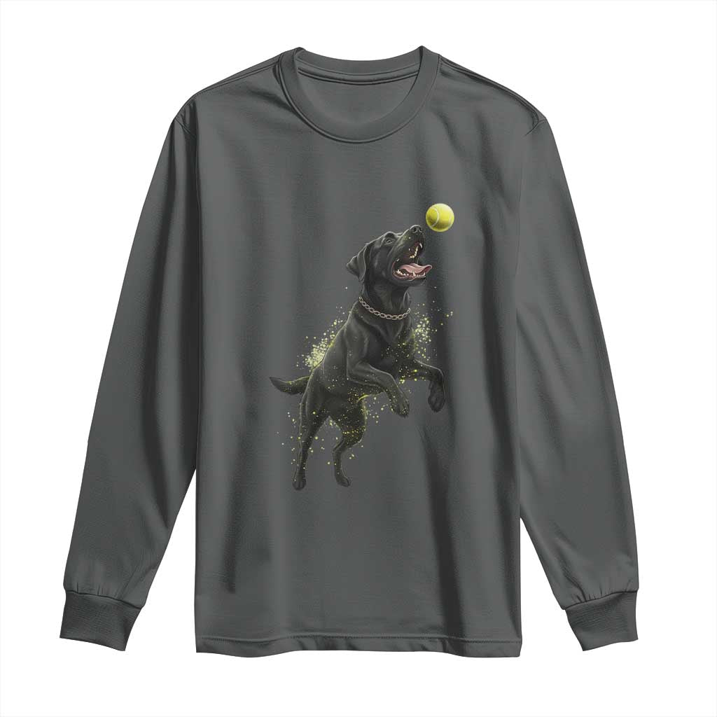 Playful Black Labrador Fetching Chasing Tennis Ball Long Sleeve Shirt TS12 Dark Heather Print Your Wear