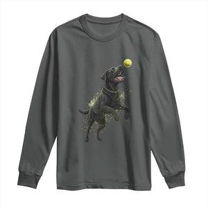 Playful Black Labrador Fetching Chasing Tennis Ball Long Sleeve Shirt TS12 Dark Heather Print Your Wear