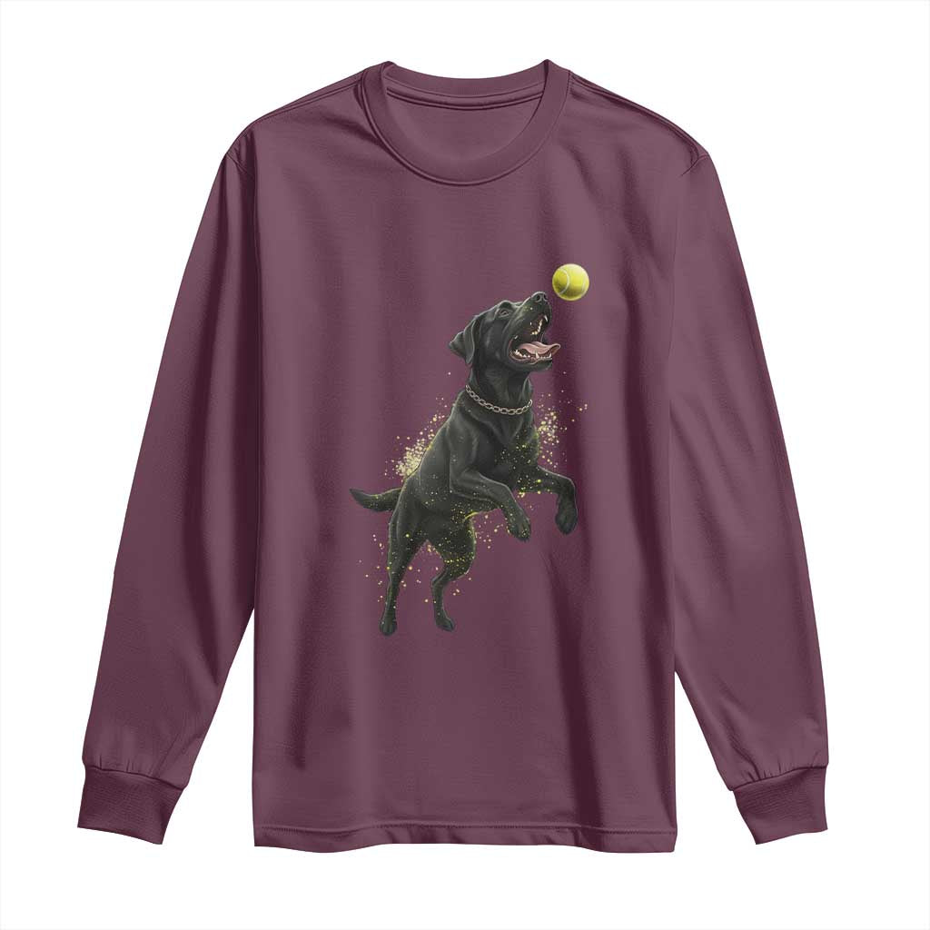 Playful Black Labrador Fetching Chasing Tennis Ball Long Sleeve Shirt TS12 Maroon Print Your Wear