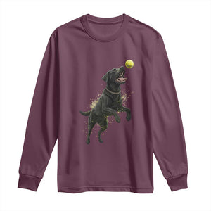 Playful Black Labrador Fetching Chasing Tennis Ball Long Sleeve Shirt TS12 Maroon Print Your Wear