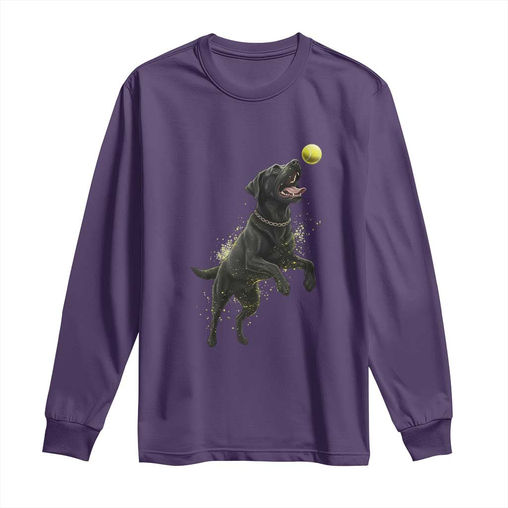 Playful Black Labrador Fetching Chasing Tennis Ball Long Sleeve Shirt TS12 Purple Print Your Wear