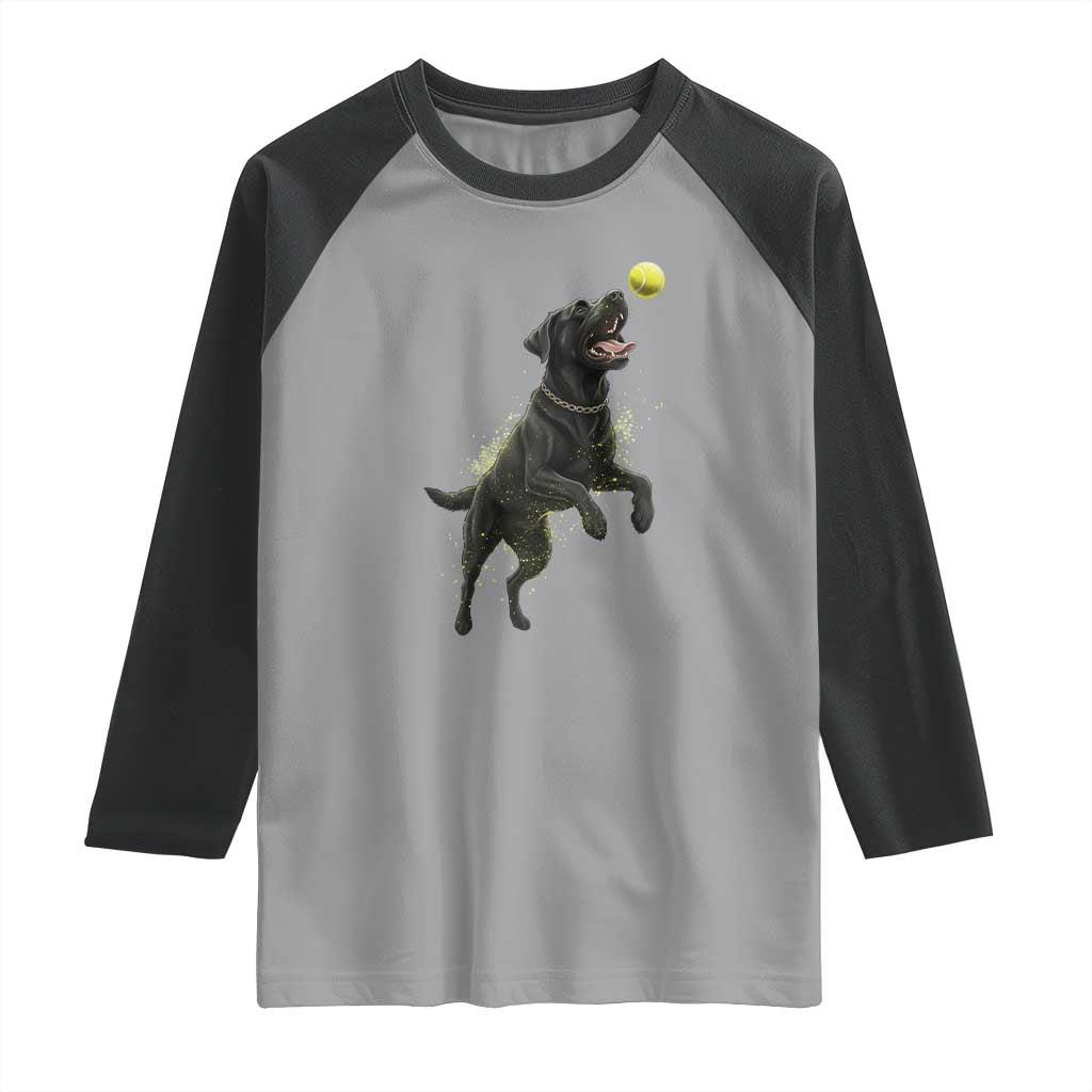 Playful Black Labrador Fetching Chasing Tennis Ball Raglan Shirt TS12 Sport Gray Black Print Your Wear