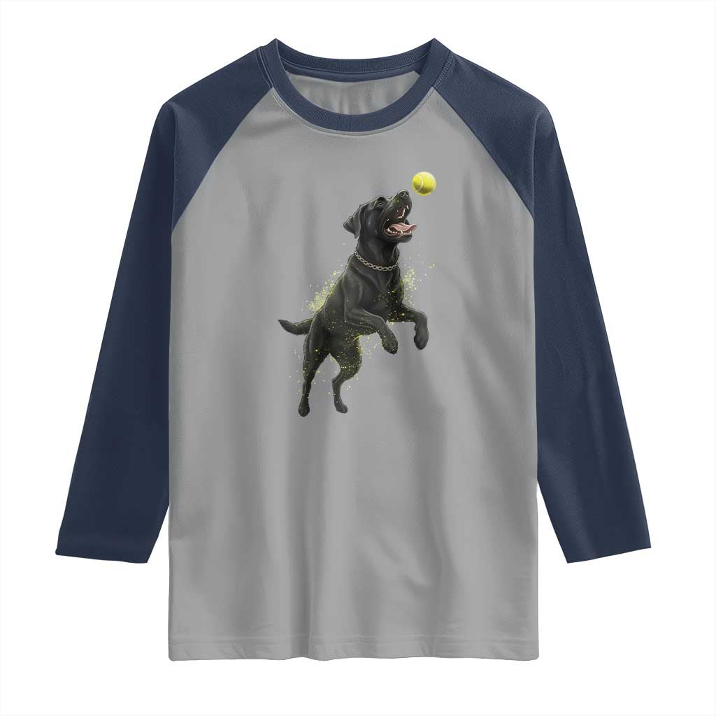 Playful Black Labrador Fetching Chasing Tennis Ball Raglan Shirt TS12 Sport Gray Navy Print Your Wear