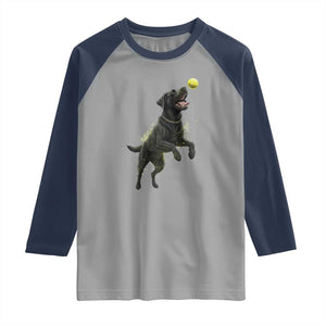 Playful Black Labrador Fetching Chasing Tennis Ball Raglan Shirt TS12 Sport Gray Navy Print Your Wear