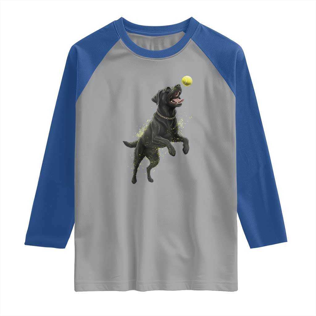 Playful Black Labrador Fetching Chasing Tennis Ball Raglan Shirt TS12 Sport Gray Royal Print Your Wear