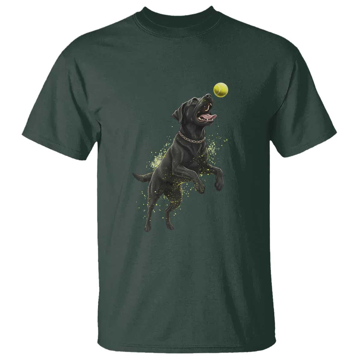 Playful Black Labrador Fetching Chasing Tennis Ball T Shirt TS12 Dark Forest Green Print Your Wear