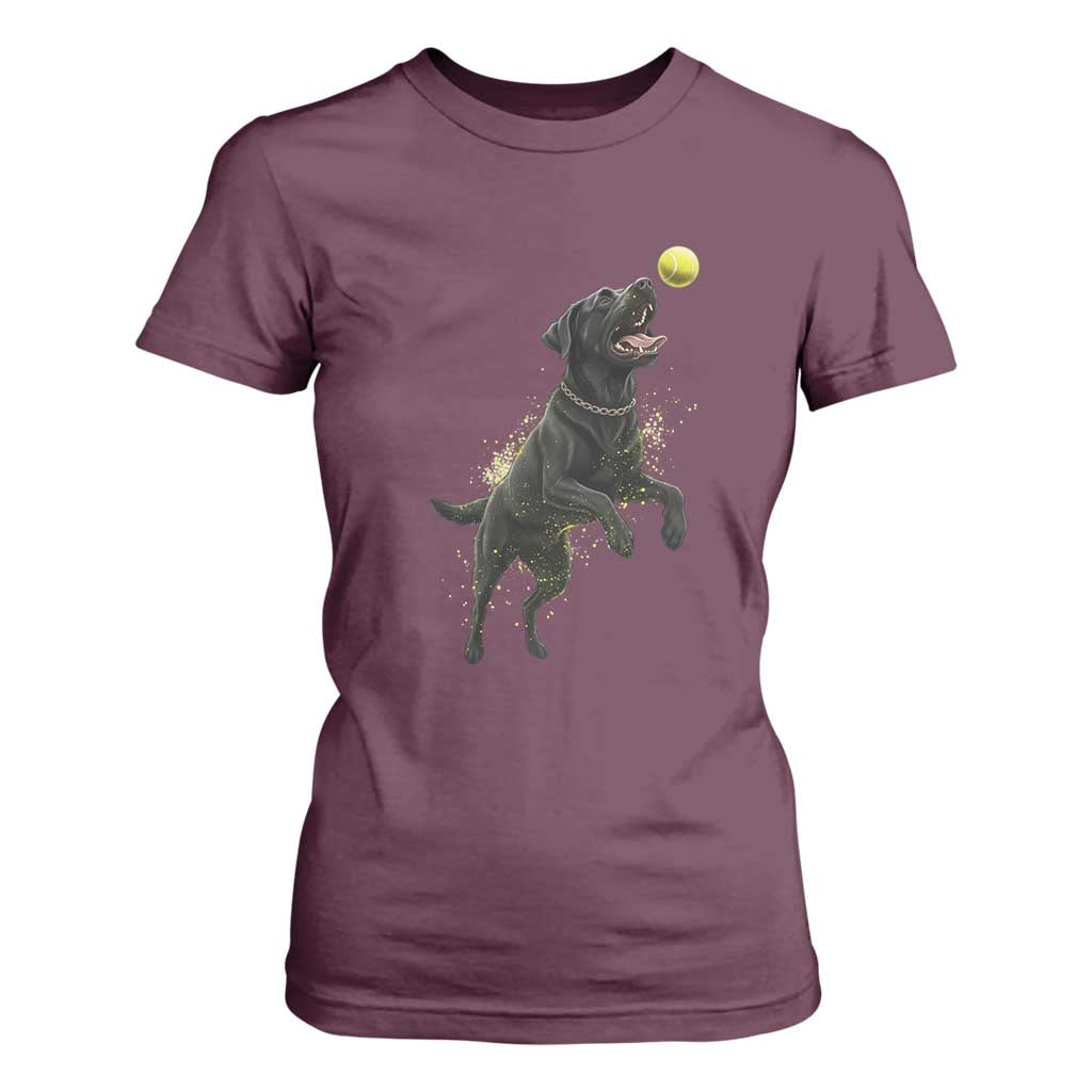 Playful Black Labrador Fetching Chasing Tennis Ball T Shirt For Women TS12 Maroon Print Your Wear
