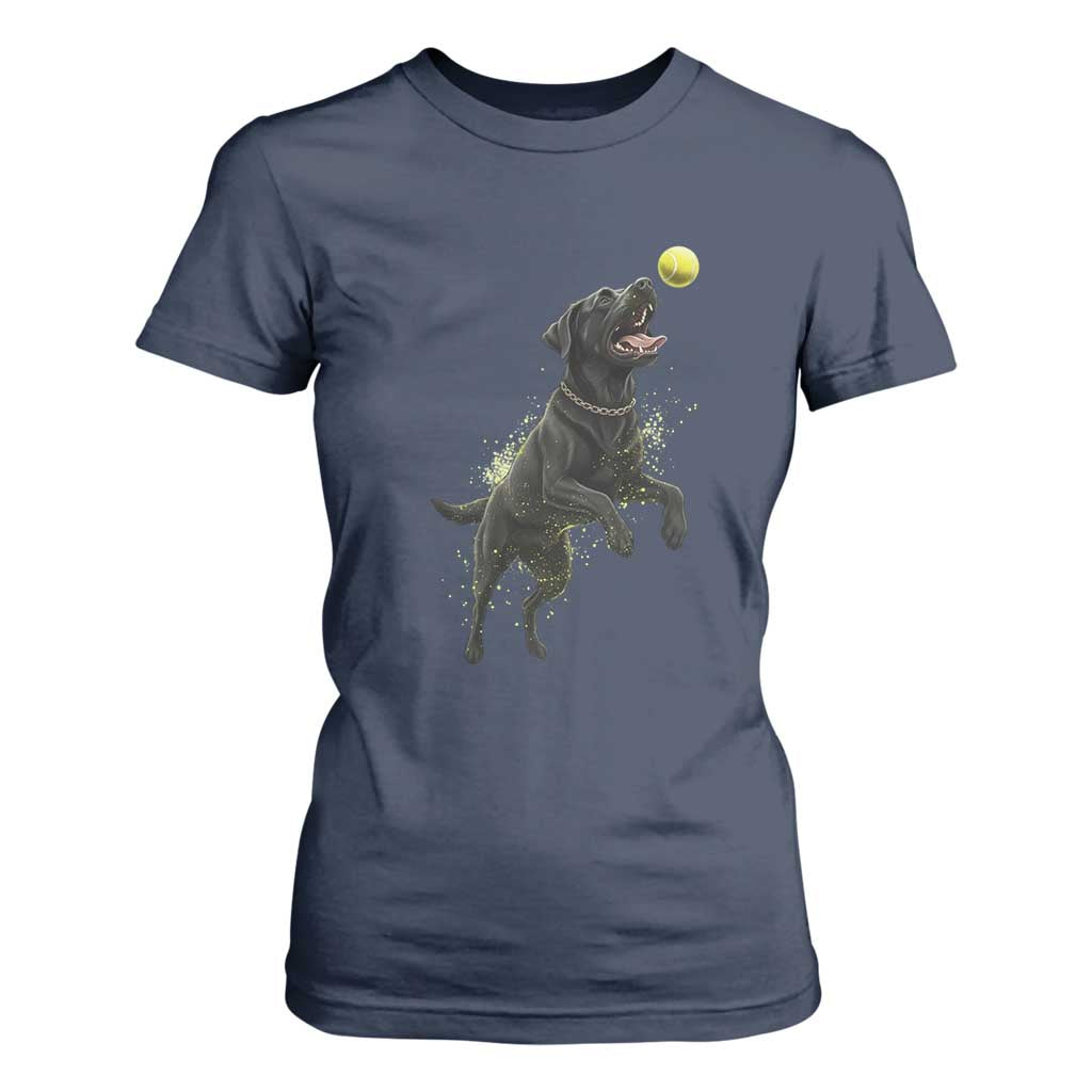 Playful Black Labrador Fetching Chasing Tennis Ball T Shirt For Women TS12 Navy Print Your Wear