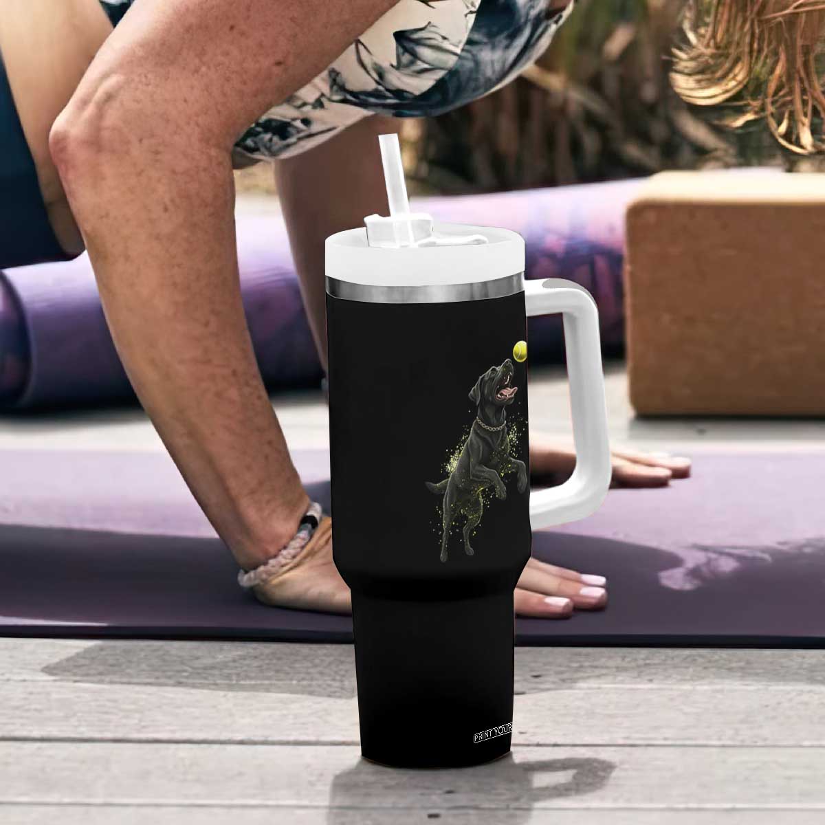 Playful Black Labrador Fetching Chasing Tennis Ball Tumbler With Handle TS12 Print Your Wear