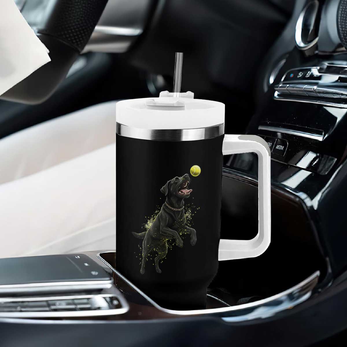 Playful Black Labrador Fetching Chasing Tennis Ball Tumbler With Handle TS12 Print Your Wear