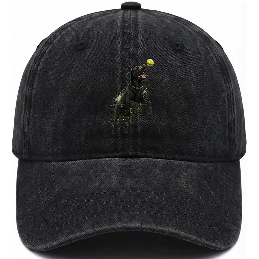Playful Black Labrador Fetching Chasing Tennis Ball Washed Cotton Baseball Cap TS12 Print Your Wear