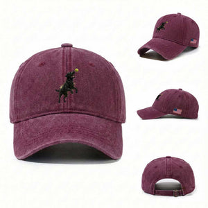 Playful Black Labrador Fetching Chasing Tennis Ball Washed Cotton Baseball Cap TS12 Washed Cap Universal Fit Burgundy Print Your Wear