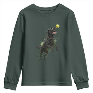 Playful Black Labrador Fetching Chasing Tennis Ball Youth Sweatshirt TS12 Dark Forest Green Print Your Wear
