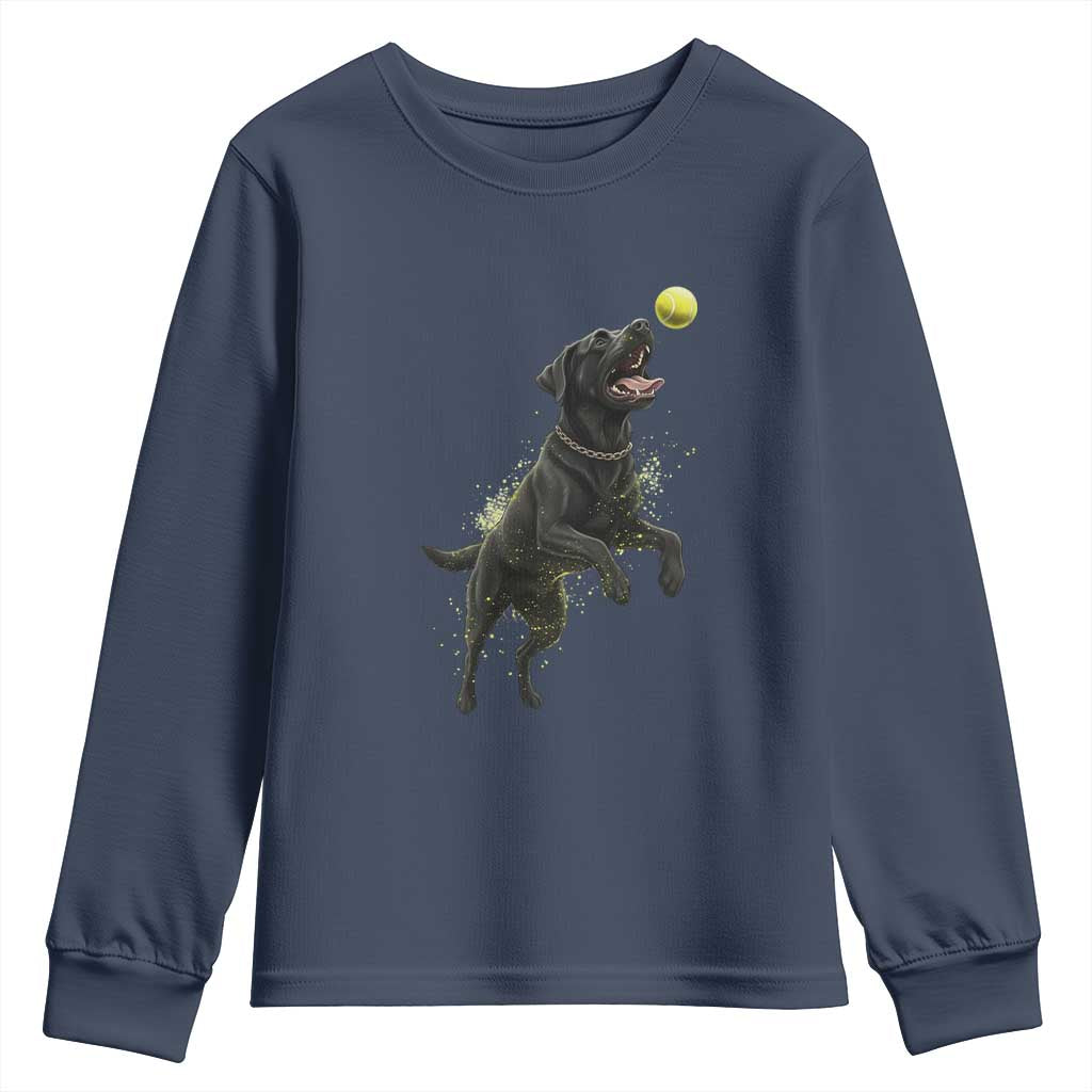 Playful Black Labrador Fetching Chasing Tennis Ball Youth Sweatshirt TS12 Navy Print Your Wear