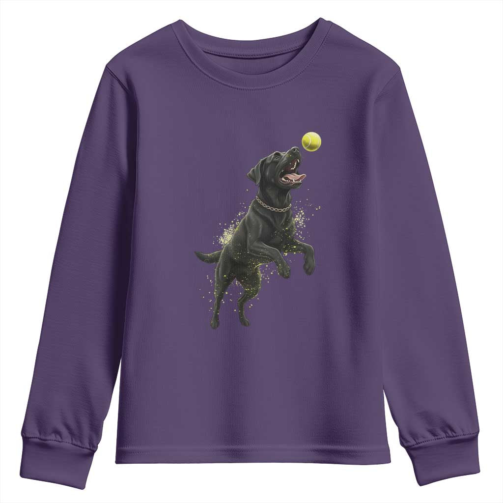 Playful Black Labrador Fetching Chasing Tennis Ball Youth Sweatshirt TS12 Purple Print Your Wear