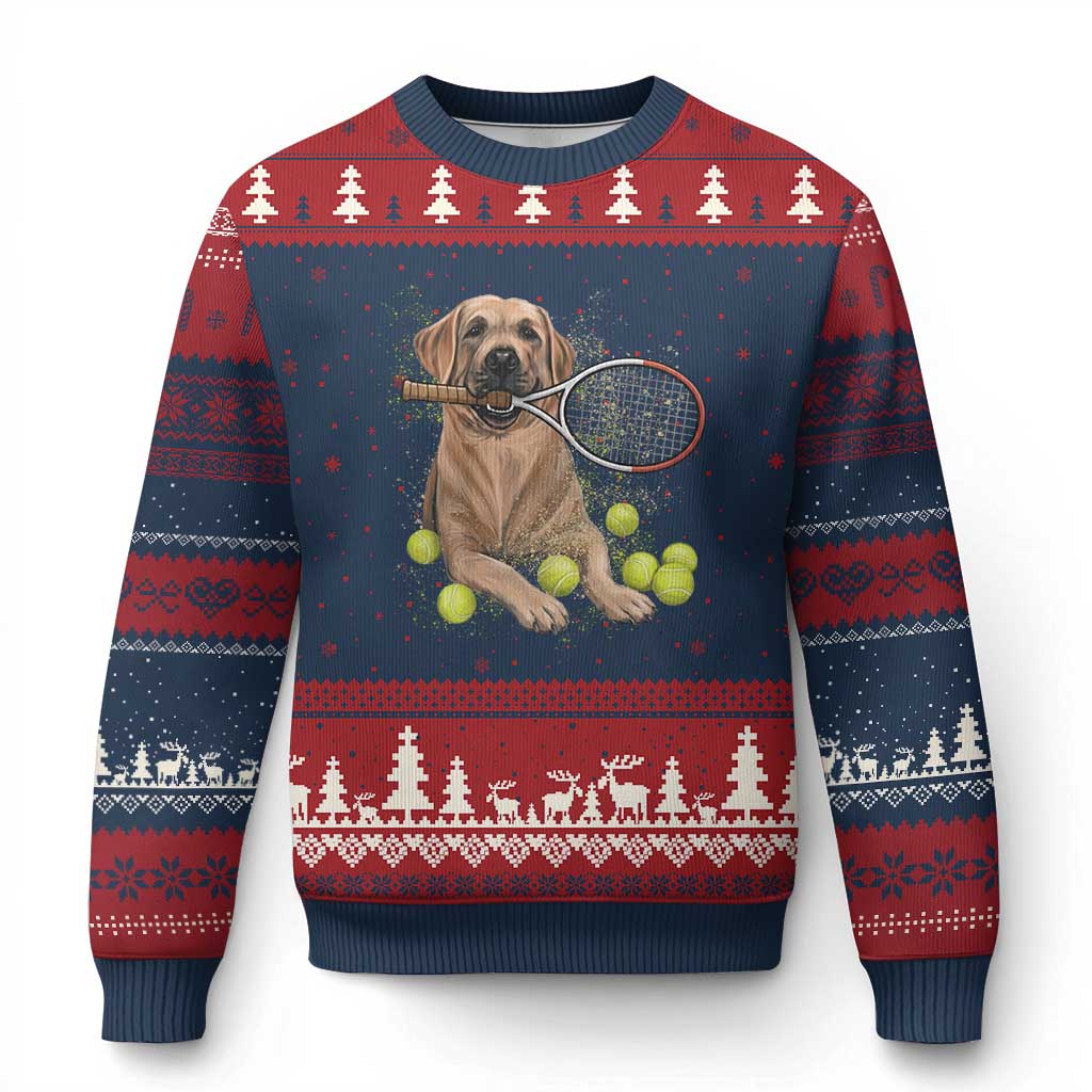 Funny Labrador Dog Playing Tennis Ball Ugly Christmas Sweater Pet Lover Gift TS12 Navy Red Print Your Wear