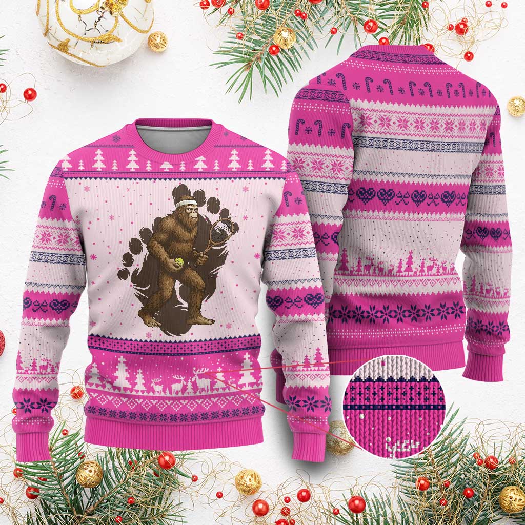 Funny Bigfoot Tennis Player Ugly Christmas Sweater Folklore Cryptid Gift TS12 Hot Pink Print Your Wear