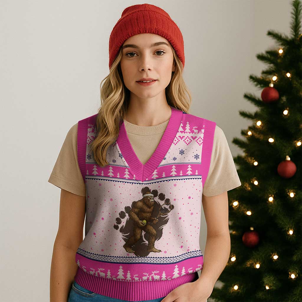 Funny Bigfoot Tennis Player V-Neck Knit Sweater Vest Folklore Cryptid Gift TS12 Hot Pink Print Your Wear